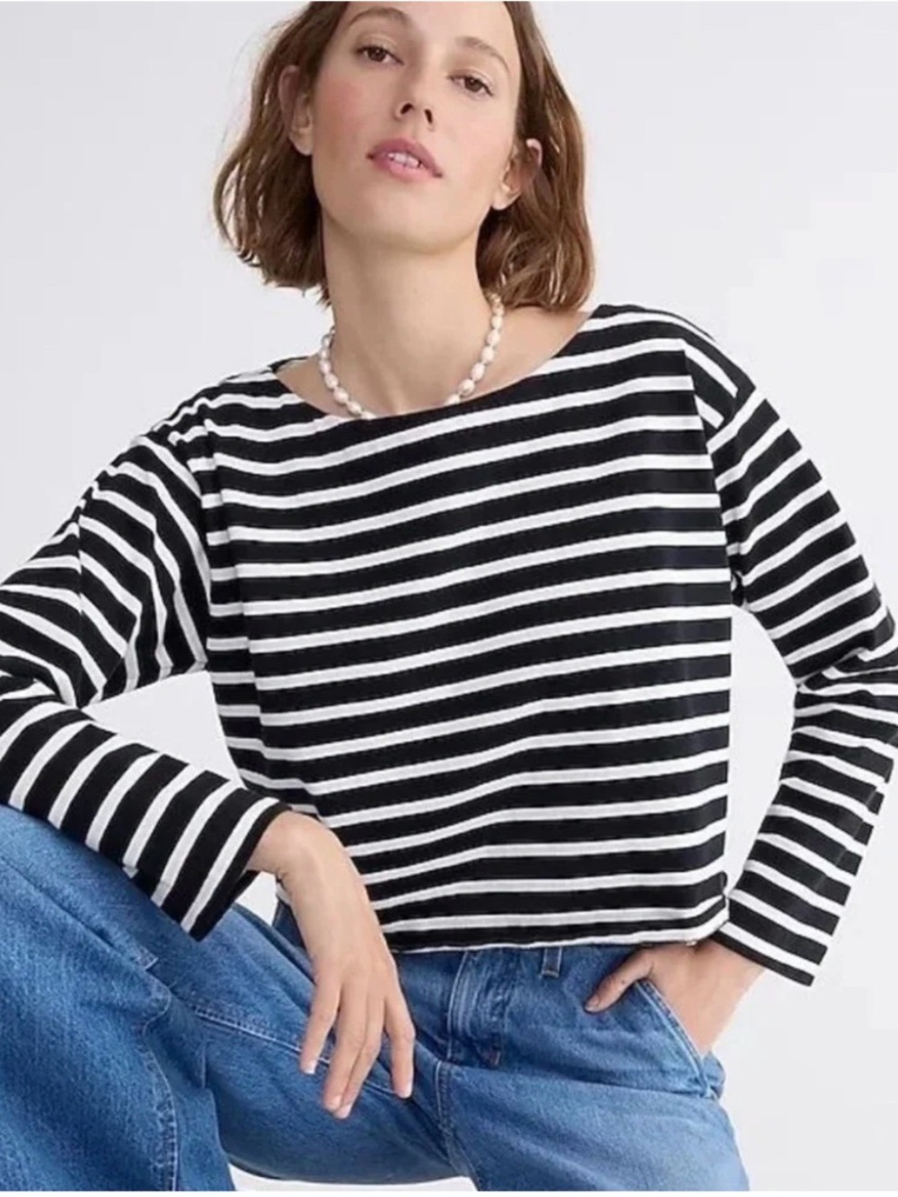 J Crew Striped Cropped Fit Shirt Small Boxy Long Sleeve Preppy Nautical Coastal